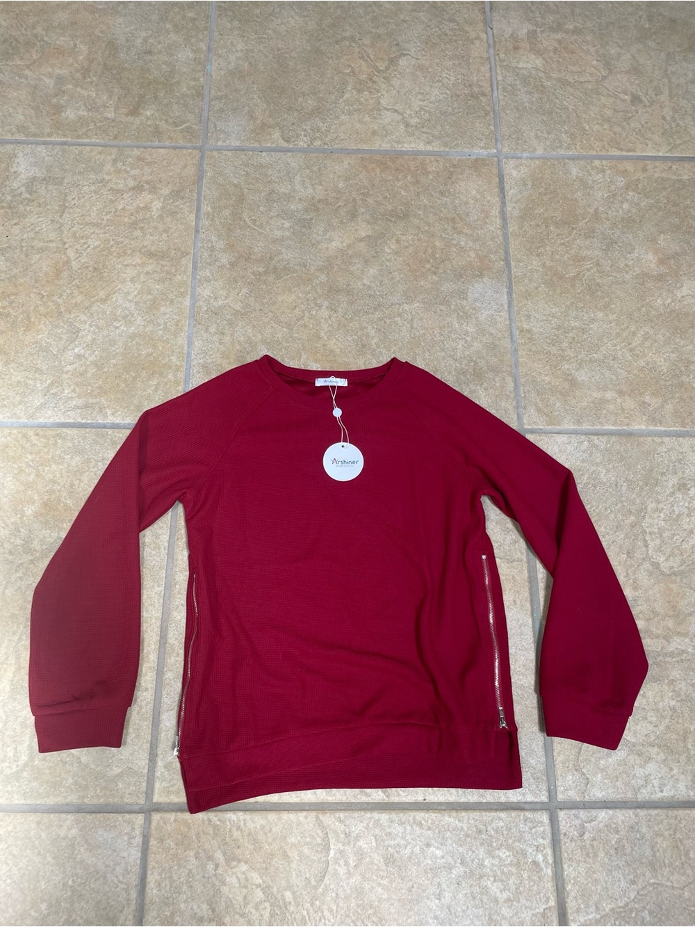Deep Red Crewneck waffle Sweater with Side Zippers